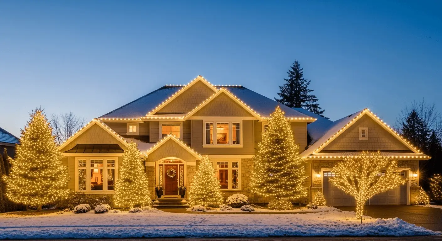 Beautiful Christmas lights illuminating a Seattle-area home at dusk